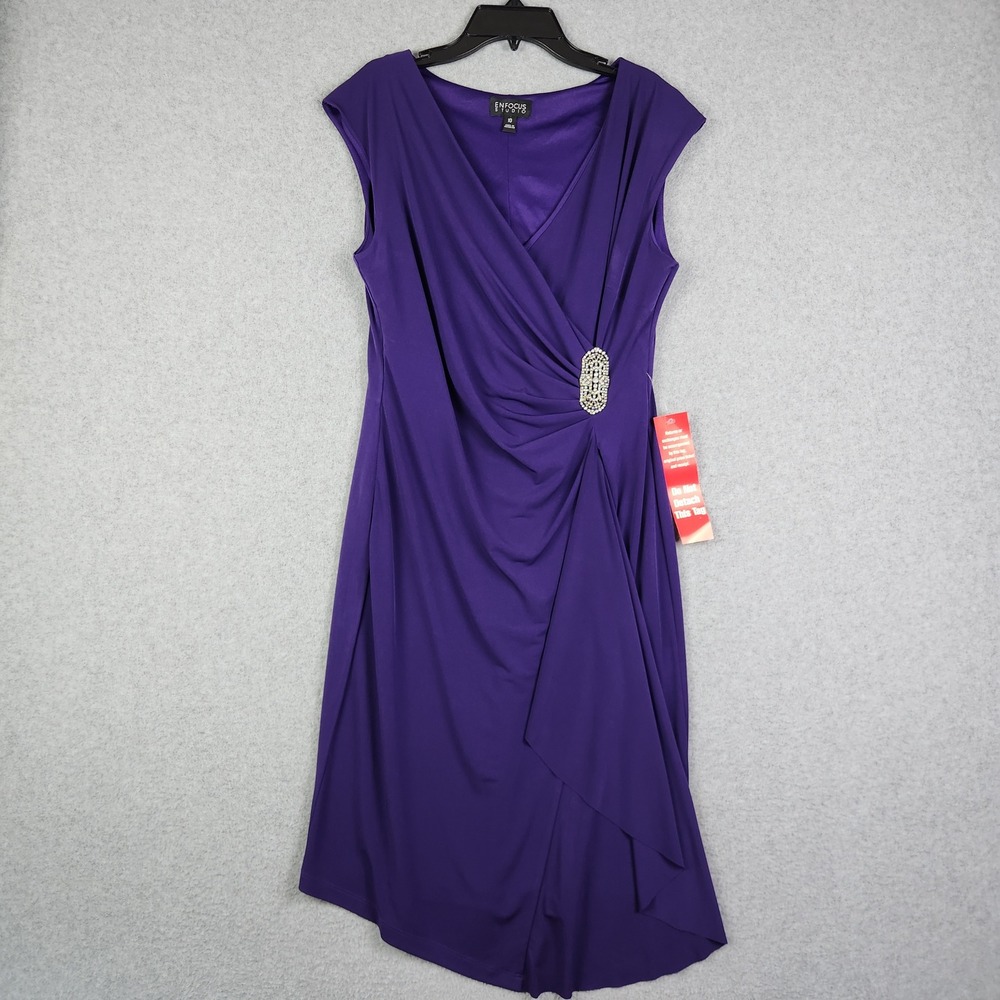 Enfocus Studio Wrap Dress Womens‎ 10 Purple Rhinestone Brooch Stretch Sleevless
